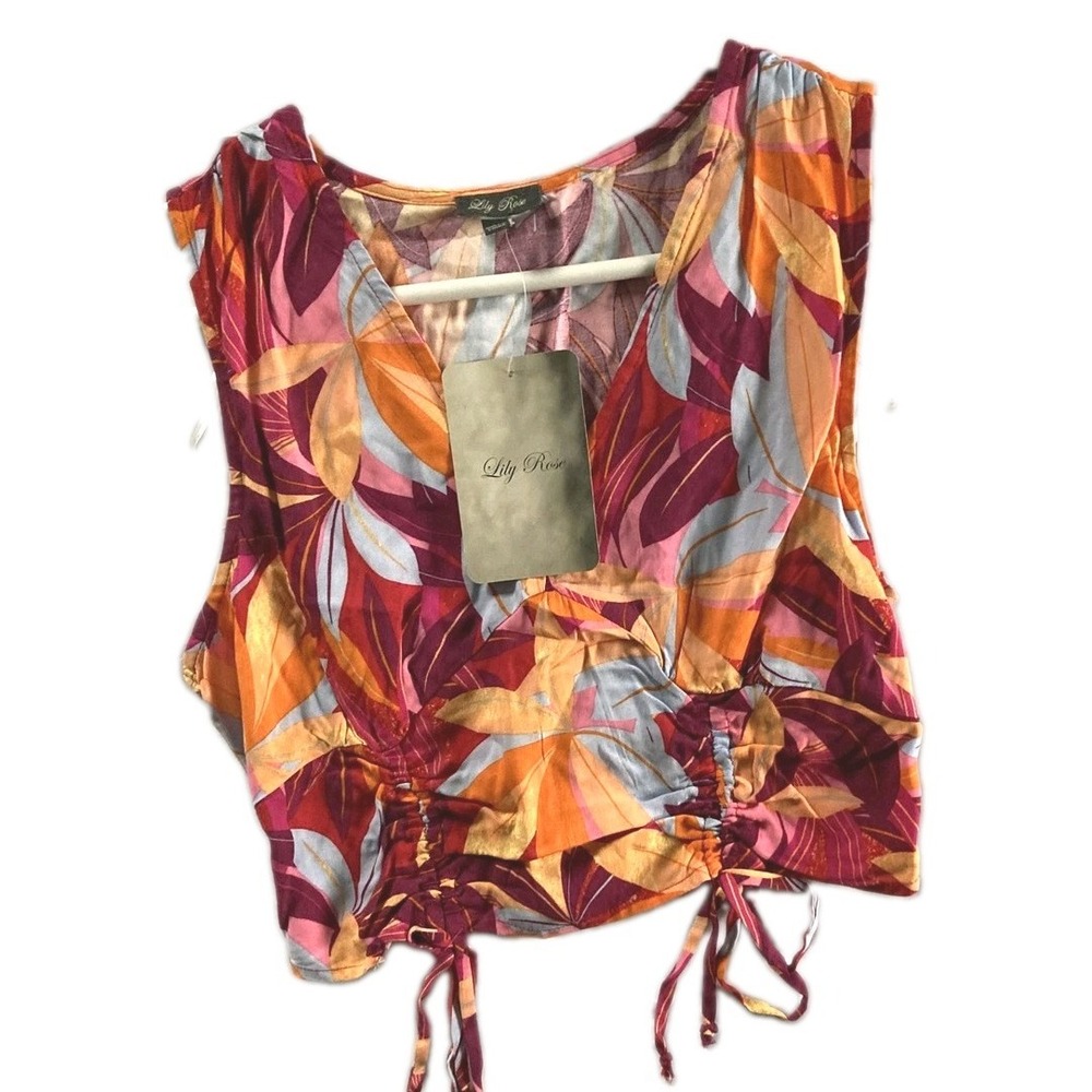 Lily Rose Shirt Women M Floral Crop Top Tank Rayon Adjustable Smocked Hem NWT